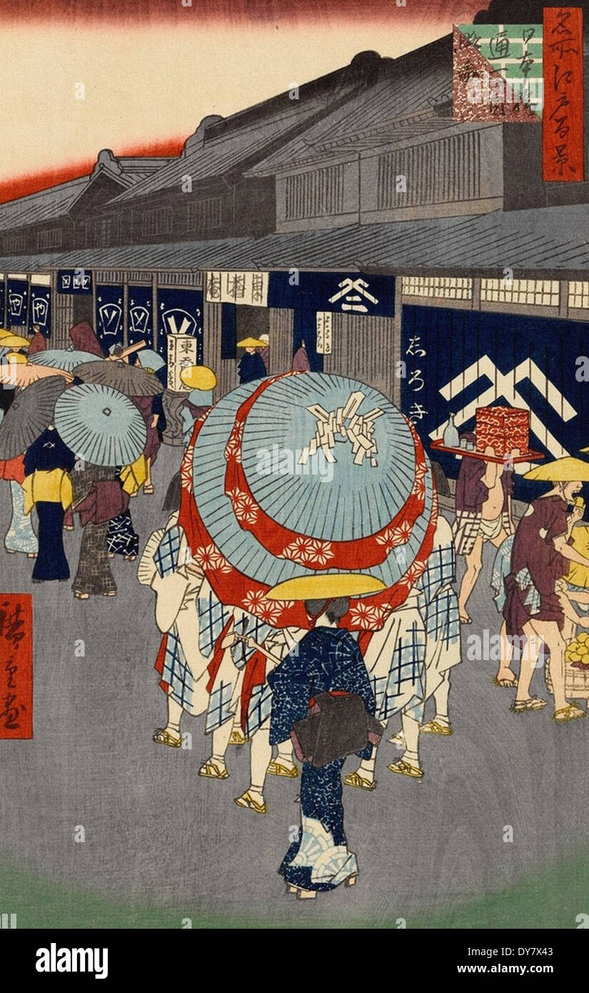 Utagawa Hiroshige Cento famose vedute di Edo - No. 44 Vista di Nihonbashi tori mi-chome (Nihonbashi tori mi-chome Ryakuzu) Foto Stock
