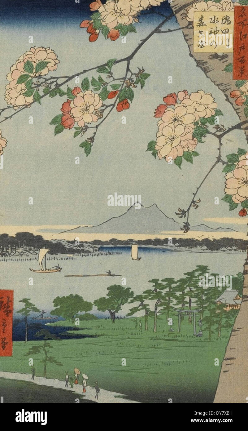 Utagawa Hiroshige Cento famose vedute di Edo - No. 35 Suijin Santuario e Massaki sul Fiume Sumida (Sumidagawa Suijin n. M Foto Stock