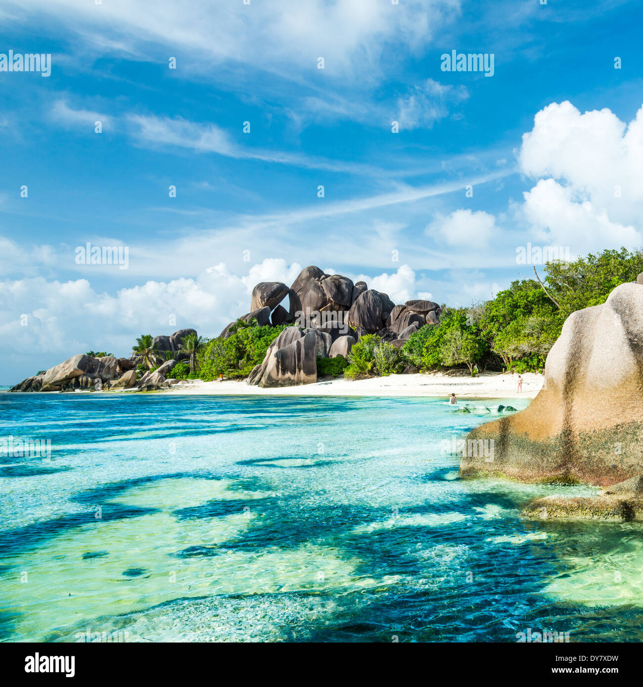 Anse Sous d'Argent spiaggia con massi di granito e mare turchese Foto Stock