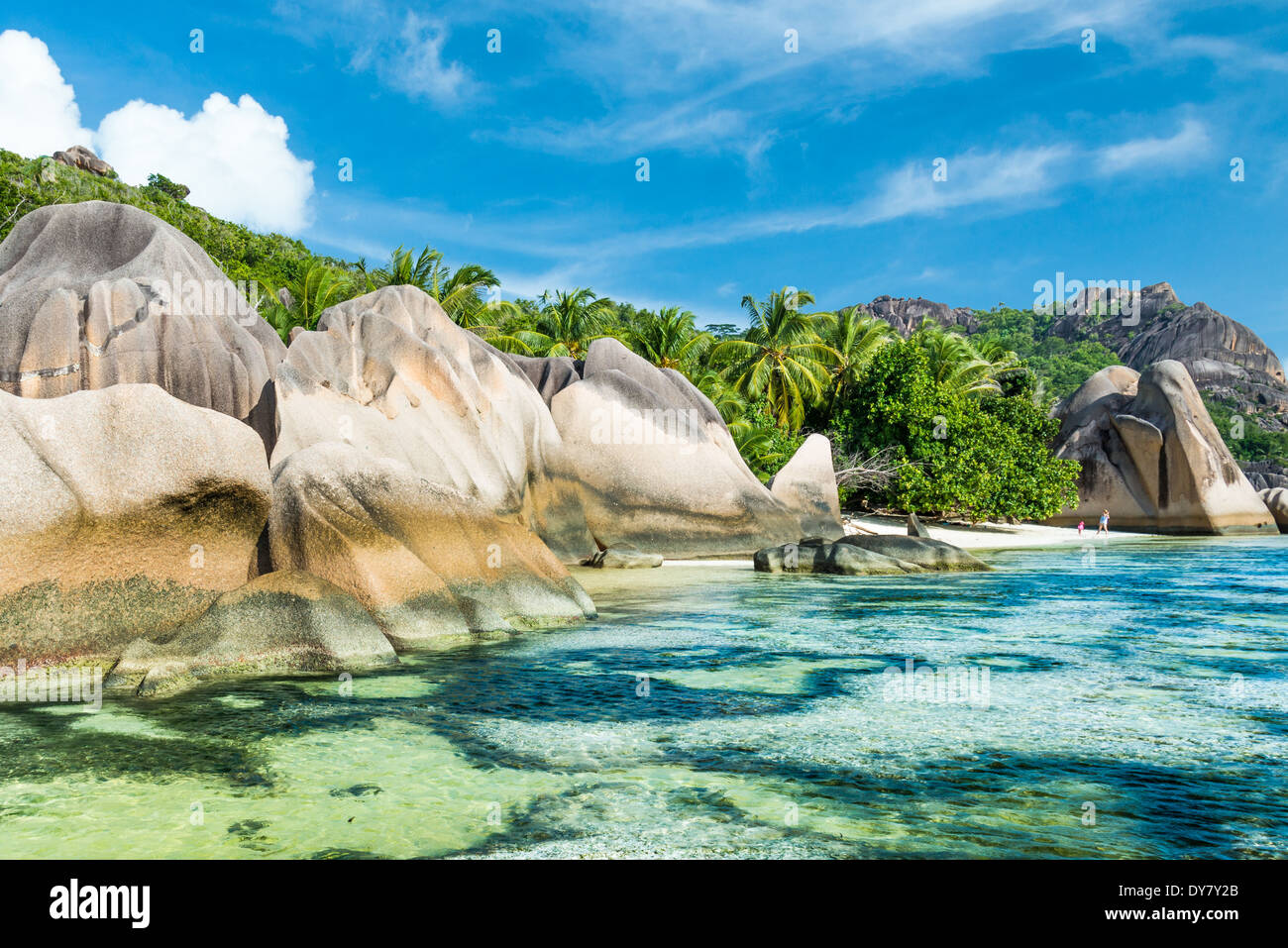 Anse Sous d'Argent spiaggia con massi di granito e mare turchese Foto Stock
