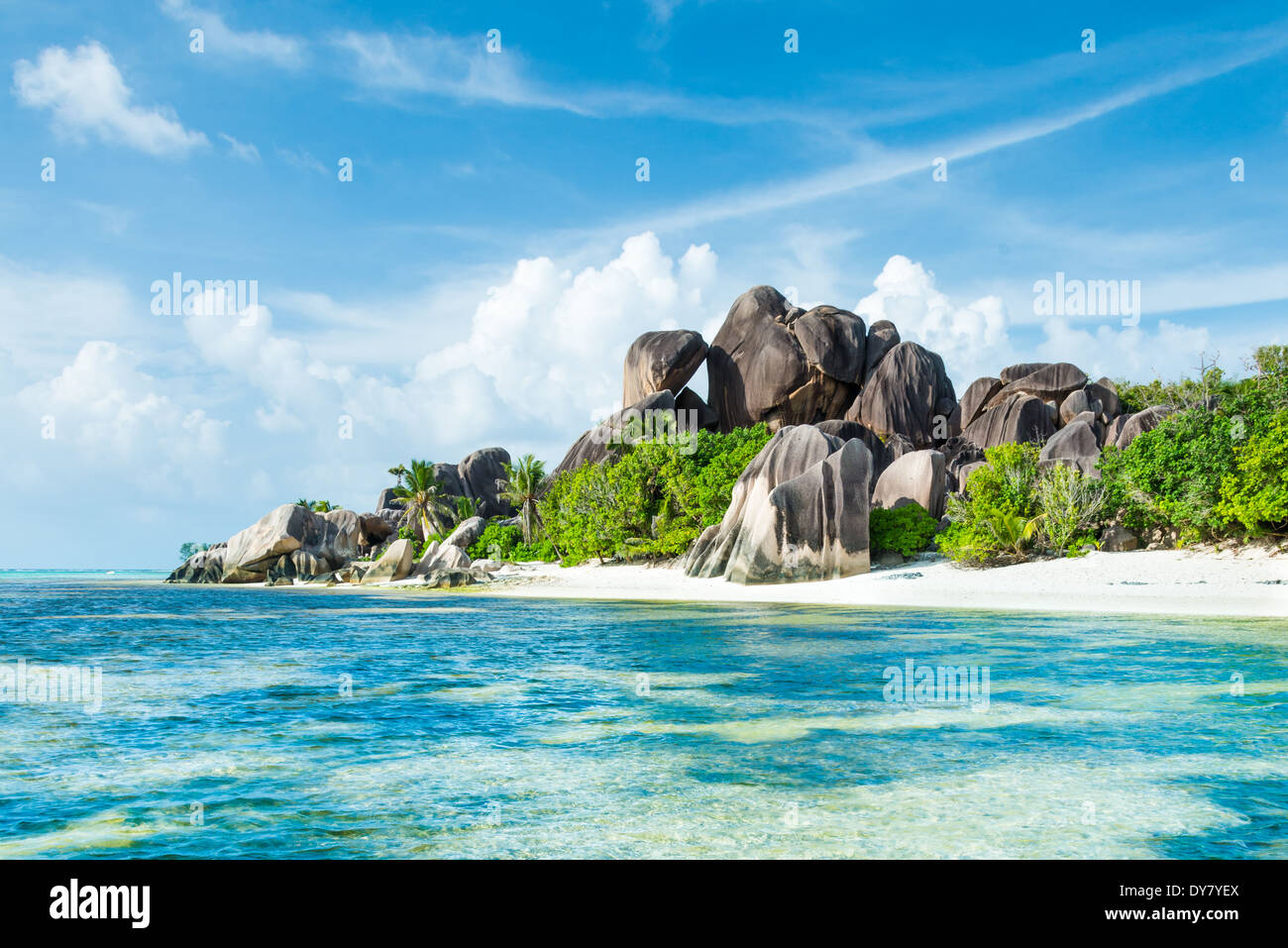Anse Sous d'Argent spiaggia con massi di granito e mare turchese Foto Stock