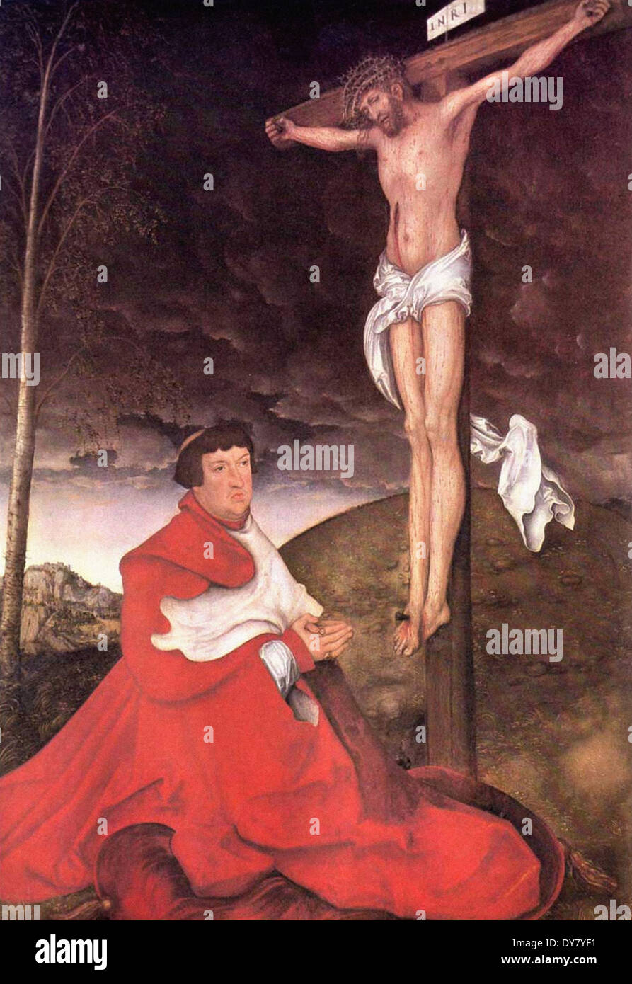 Lucas Cranach il Vecchio Albert, Cardinale elettore di Magonza ai piedi della Croce Foto Stock