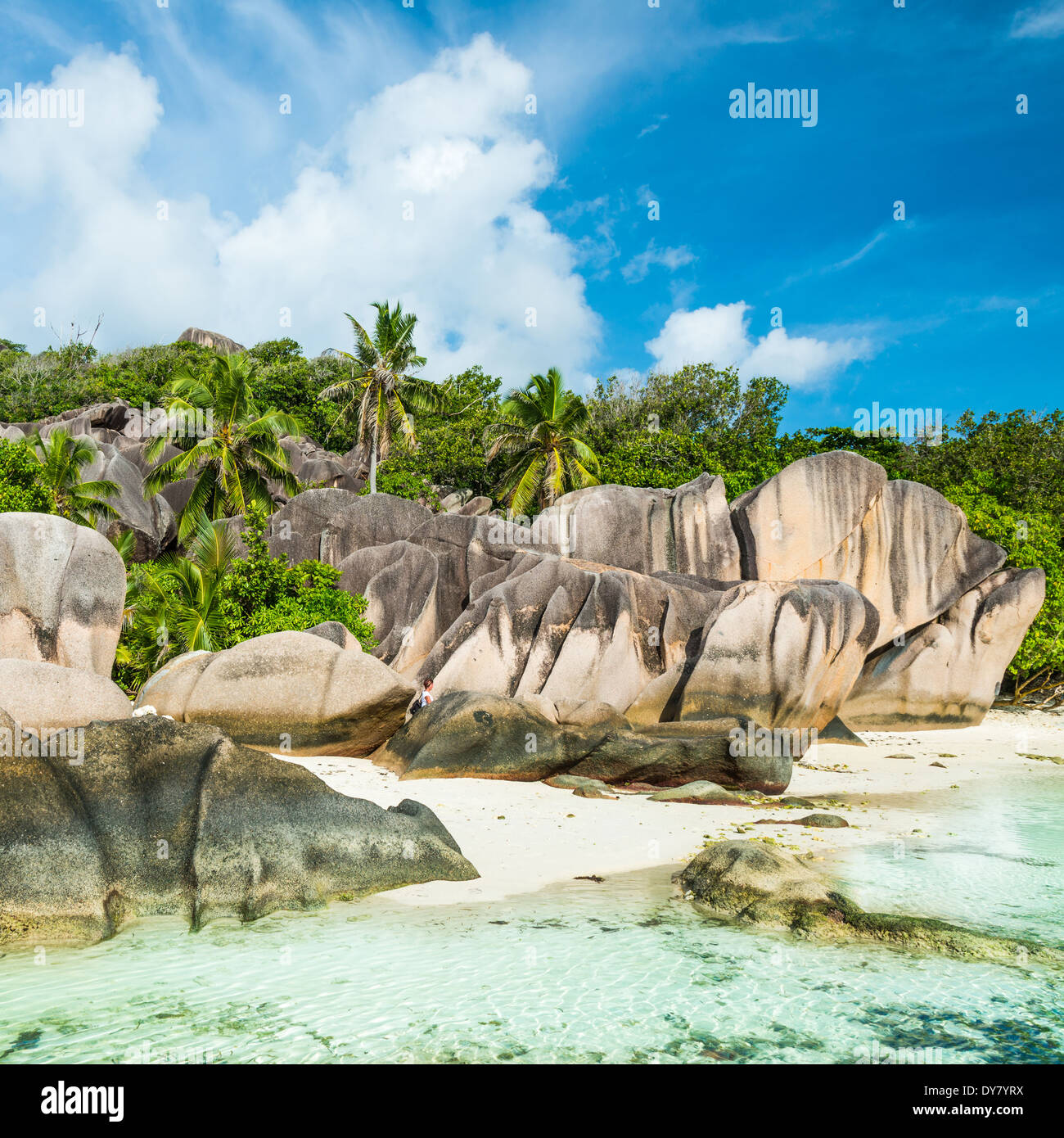 Anse Sous d'Argent spiaggia con massi di granito e mare turchese Foto Stock