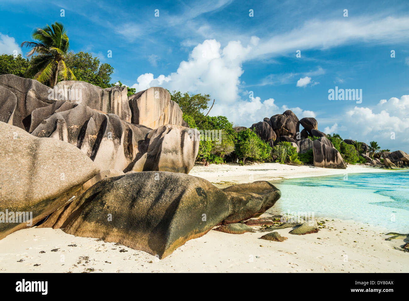 Anse Sous d'Argent spiaggia con massi di granito e mare turchese Foto Stock