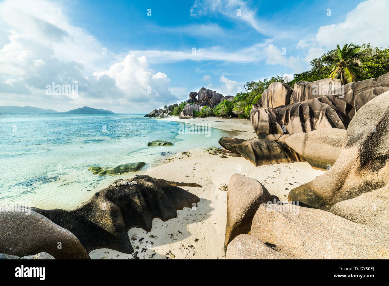 Anse Sous d'Argent spiaggia con massi di granito e mare turchese Foto Stock