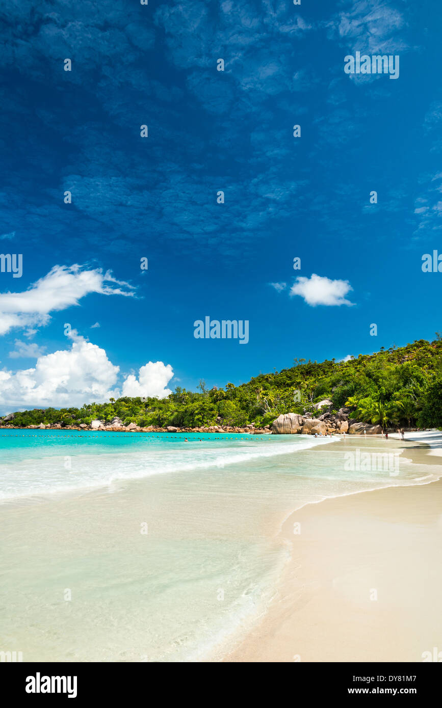 Anse Lazio beach, l'isola di Praslin, Seicelle Foto Stock