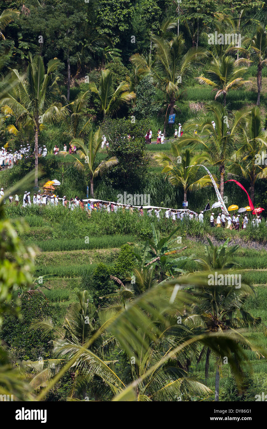 La processione attorno al villaggio Tegalalang, Bali Foto Stock