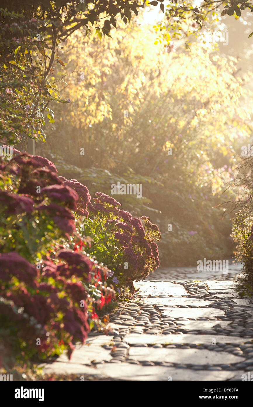 Pavimentazione in ardesia e mare lava percorso di ghiaia. In autunno la luce del sole. Settembre. Foto Stock