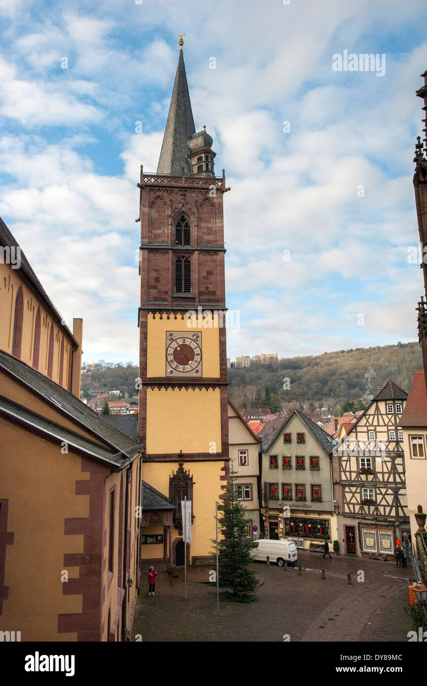 Chiesa gotica Torre, Evangelische Stiftskirche, Wertheim, Germania Foto Stock