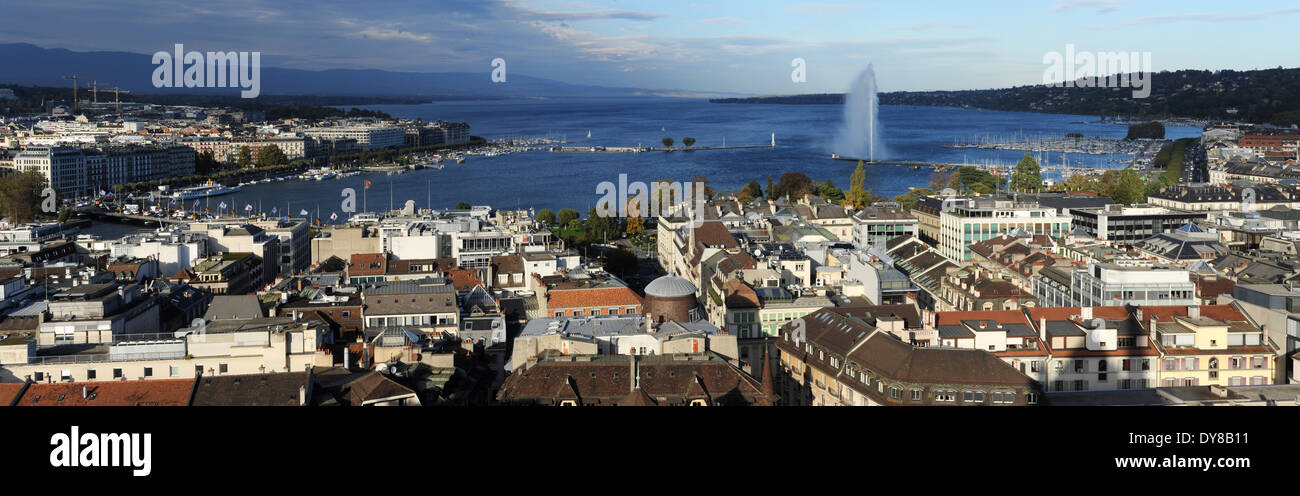 La Svizzera, Ginevra, tetti, panoramica, lago ginevrino, Leman, lago, jet, fontana Jet d'Eau, panorama Foto Stock