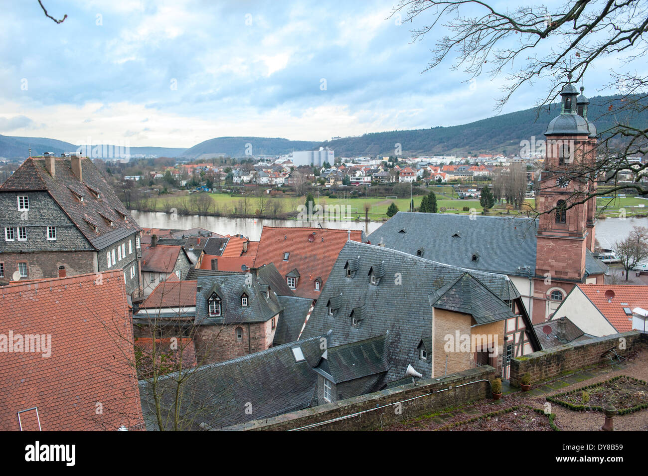 Vista del fiume principale e tetti, Miltenberg, Germania Foto Stock