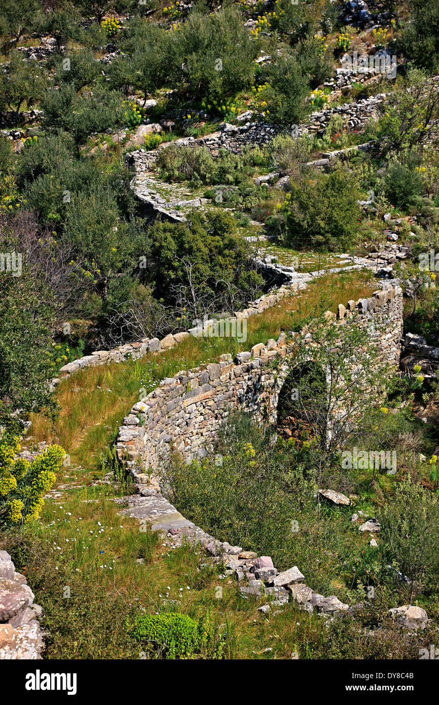 Antica pietra ponte arcuato e il percorso vicino al villaggio Tseria, Messenian (occidentale) Mani, Messenia, Peloponneso, Greecce Foto Stock