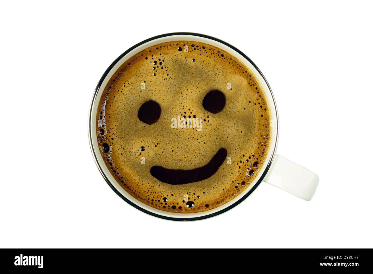 Tazza di caffè dalla parte superiore con sorriso, isolato Foto Stock