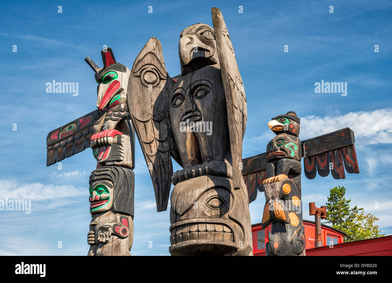 Totem Poles a Duncan, Cowichan Valley, l'isola di Vancouver, British Columbia, Canada Foto Stock