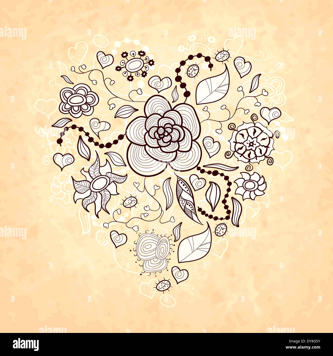 Floral doodle cuore, di fiori, di foglie, coccinella Foto Stock
