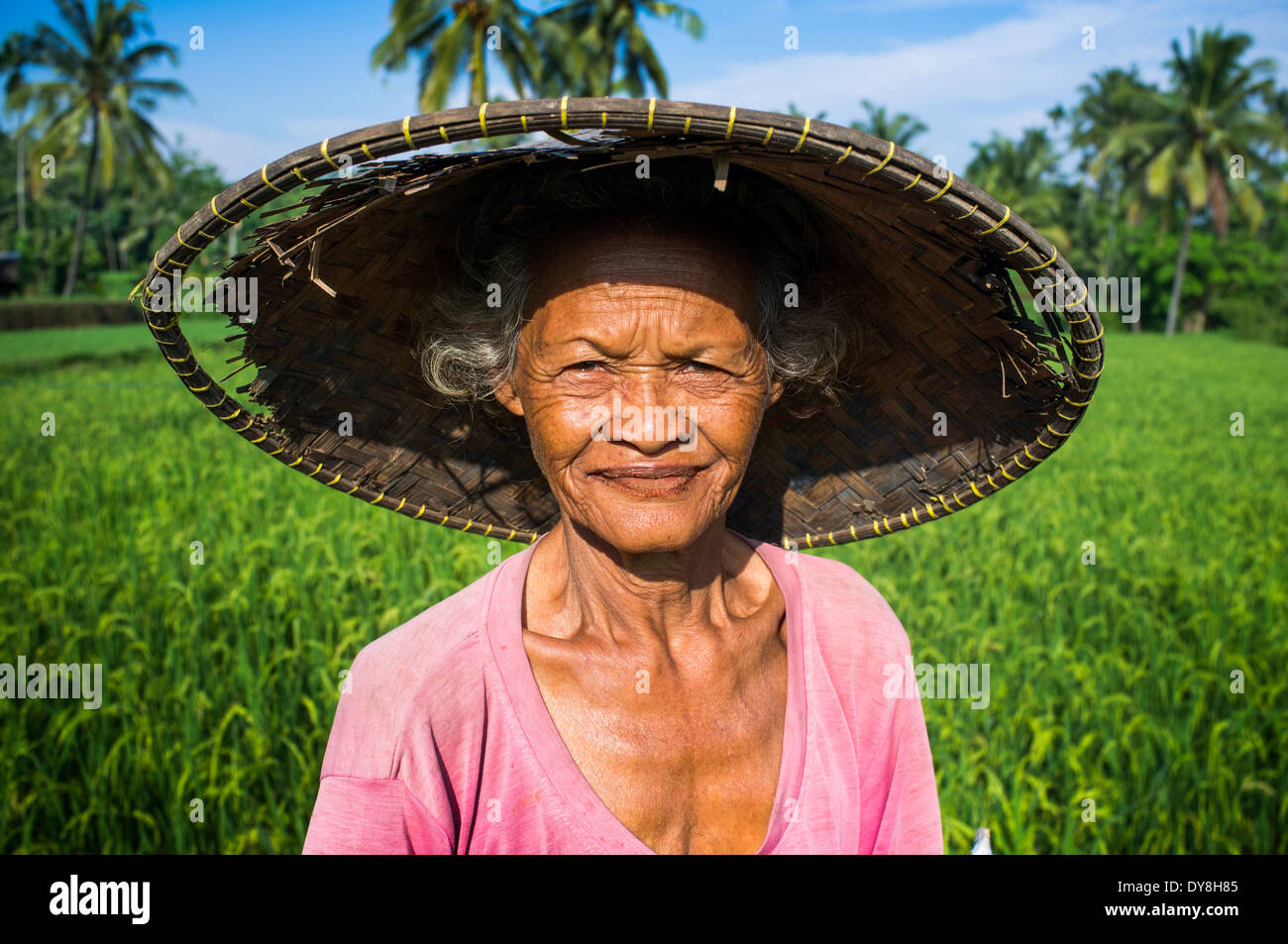 Una vecchia donna indonesiana lavora nei campi di riso di Senaru, Mt. Rinjani, Lombok, Indonesia. Foto Stock
