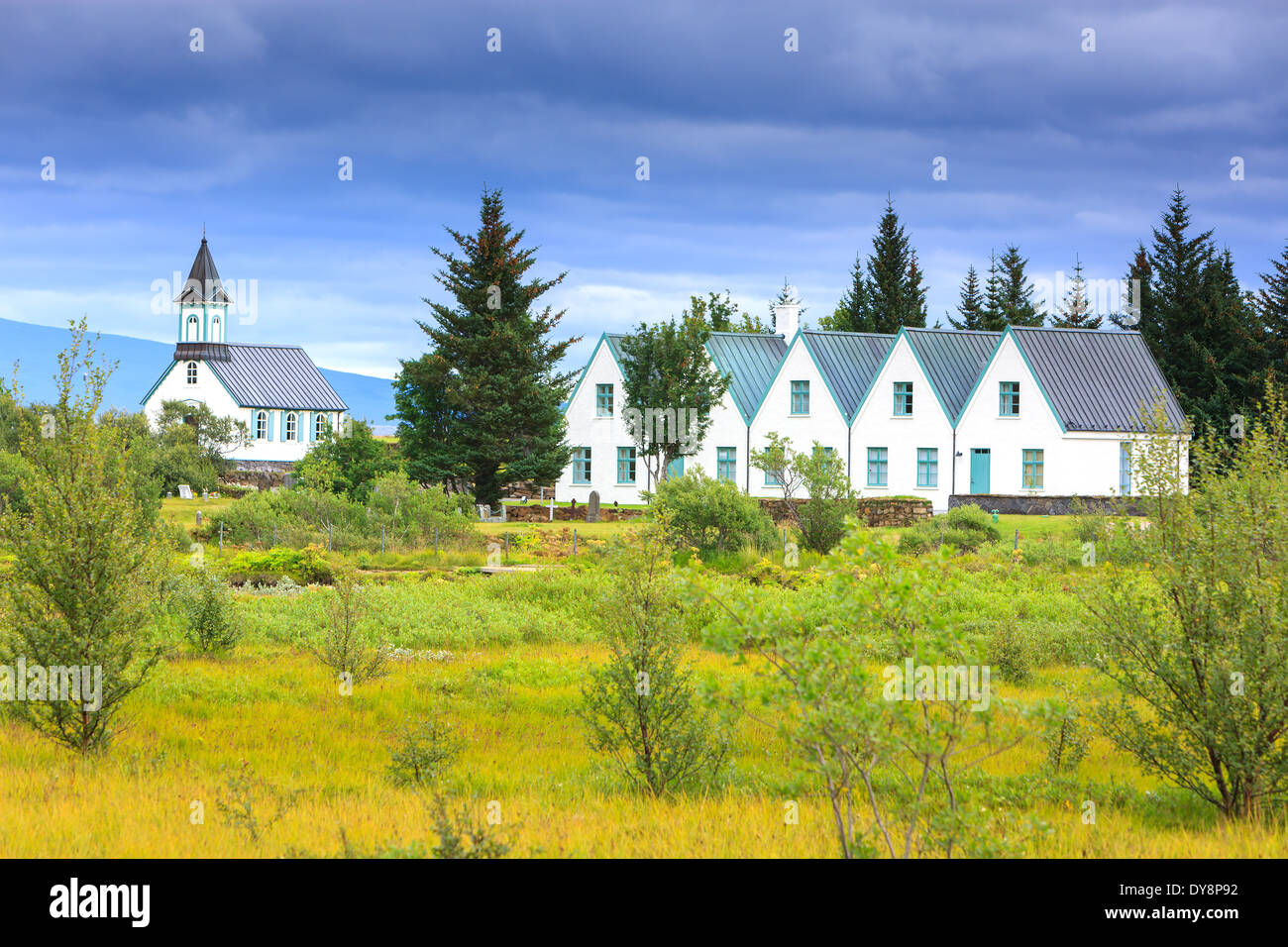 Chiesa Thingvallakirkja a Thingvellir National Park, Arnessysla, Islanda. Foto Stock