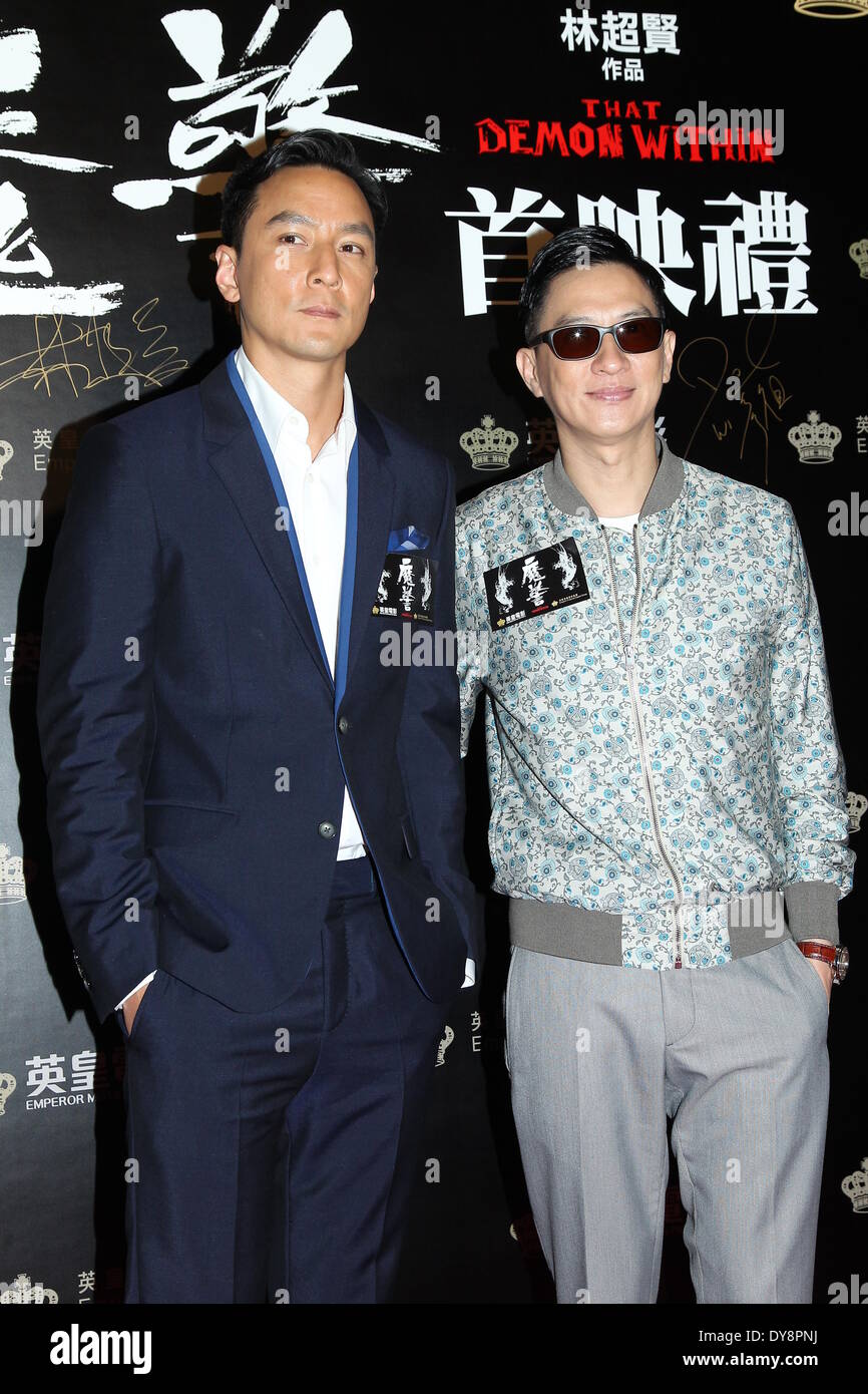 Hong Kong, Cina. 8 apr, 2014. L'attrice Christie Chen, attori Nick Cheung e Daniel Wu a premiere del film che Demon all'interno di Hong Kong, Cina martedì 8 aprile 2014. © TopPhoto/Alamy Live News Foto Stock