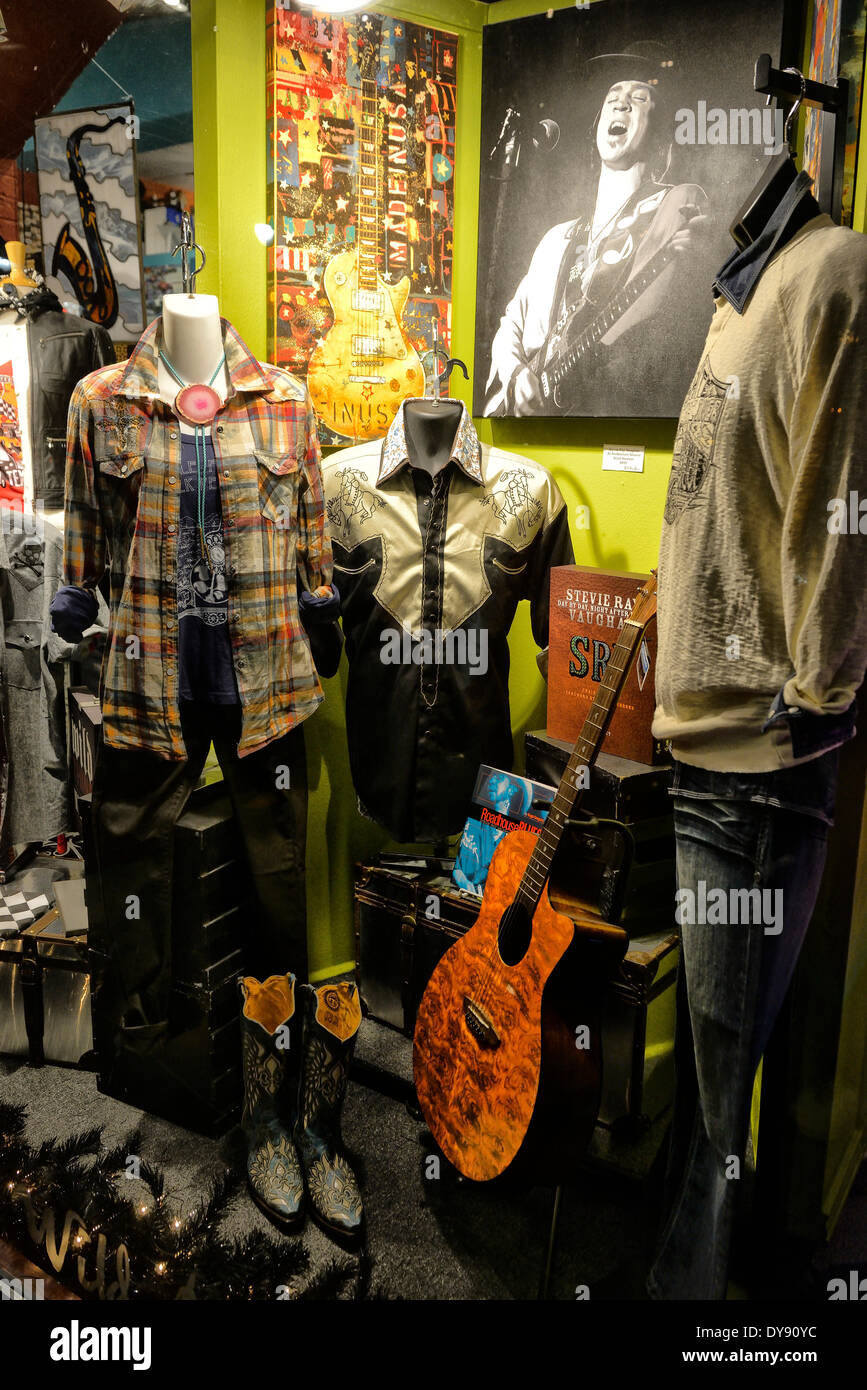 Nord America, Texas, Stati Uniti d'America, Stati Uniti, America, Austin, vita notturna, 6th street, shop, Stevie Ray Vaughan, chitarra, musica, Foto Stock