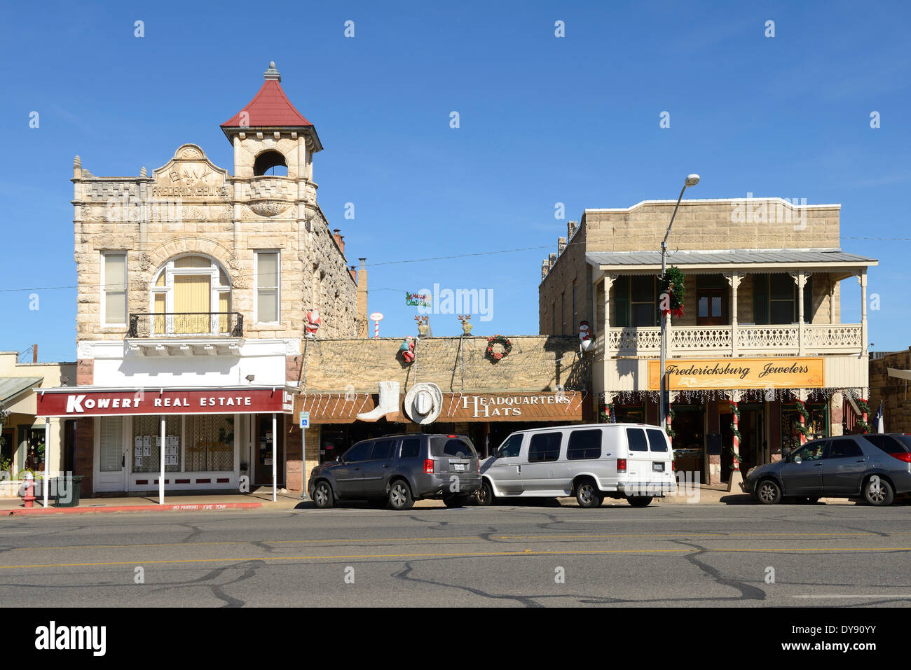 Stati Uniti d'America, Stati Uniti, America, Texas Hill Country, Fredericksburg, Main Street, piccola cittadina, patrimonio tedesco, città, strada Foto Stock