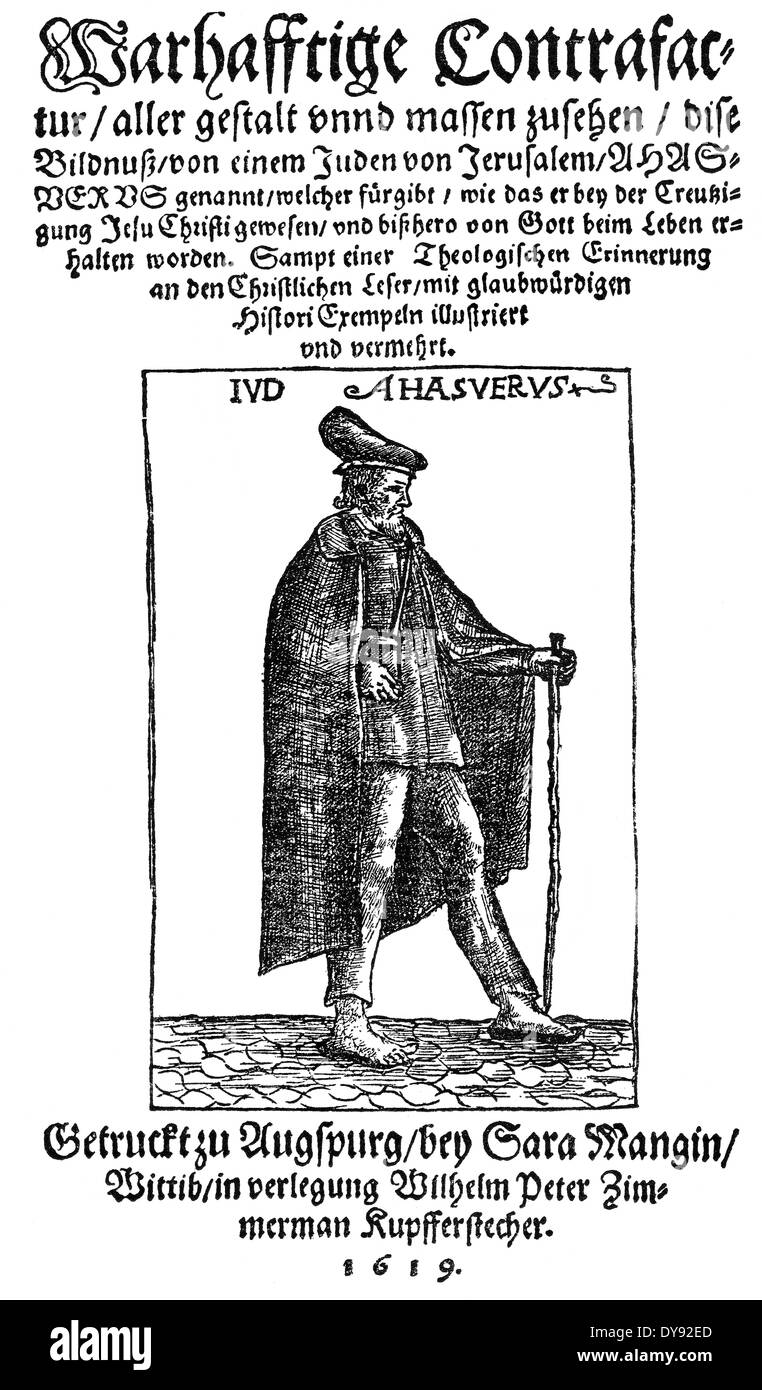 Illustrazione storica, un facsimile del titolo, l'Ebreo eterna, Ahasver, 1619, Foto Stock