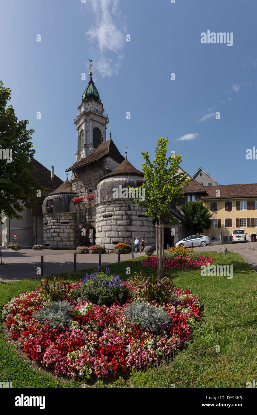 Gate di Basilea, gate, città, villaggio, fiori, estate, Solothurn, Svizzera, Europa Foto Stock