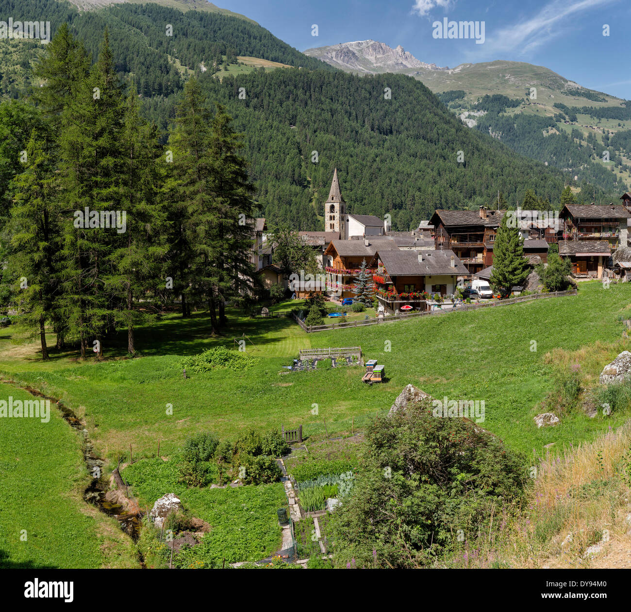 Villaggio di montagna città chiesa del villaggio prato campo alberi estate montagne colline Evolene Val d'Herens Wallis Switzerlan Vallese Foto Stock
