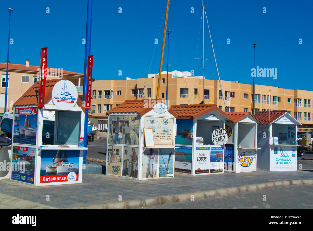 Cabine di biglietteria, Puerto de Corralejo, il Porto Corralejo, Fuerteventura, Isole Canarie, Spagna, Europa Foto Stock