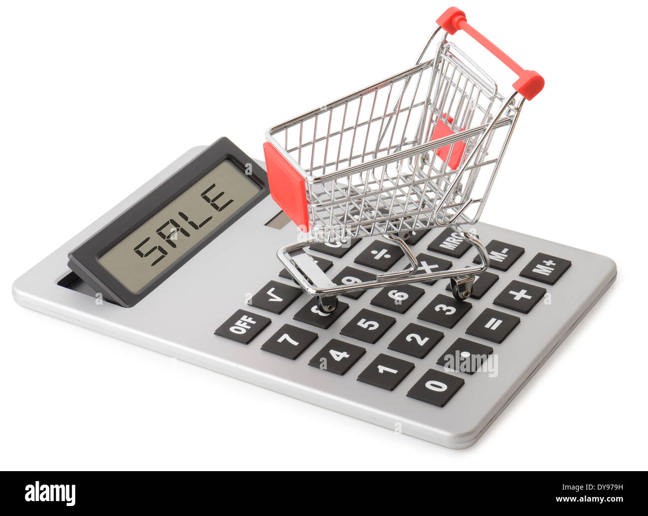 Concetto di shopping vendite con un carrello su un calcolatore isolato su uno sfondo bianco Foto Stock