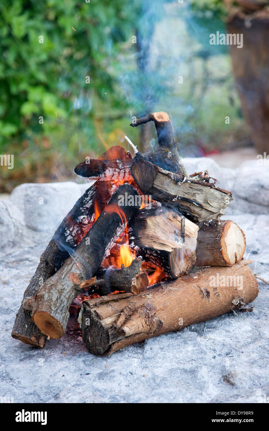 Masterizzazione di registri per avviare un fuoco per cucinare all'aperto Foto Stock