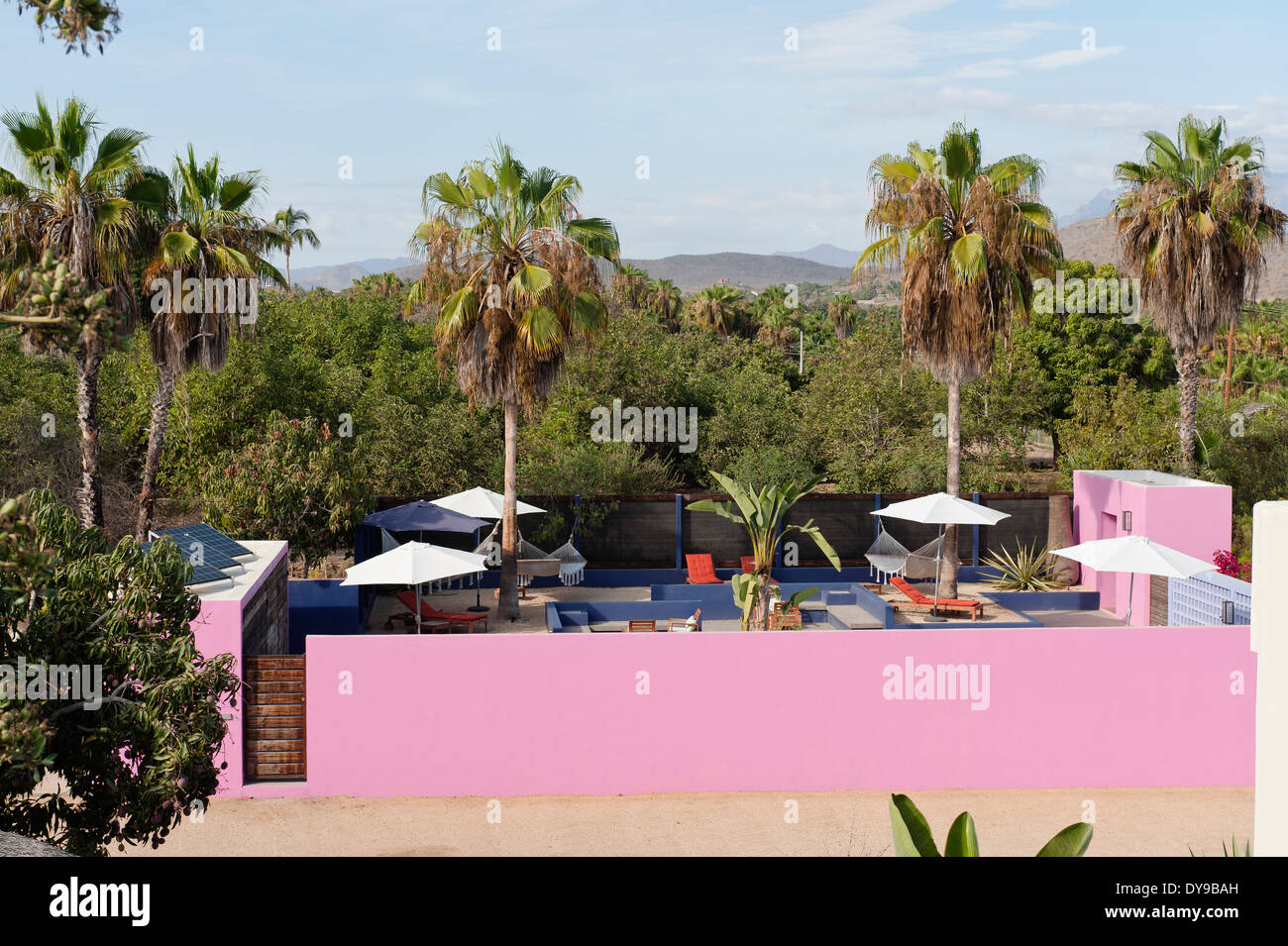 Dell'hotel vista cortile con alberi di palma e rosa outerwall e al di là delle colline di Todos Santos Foto Stock