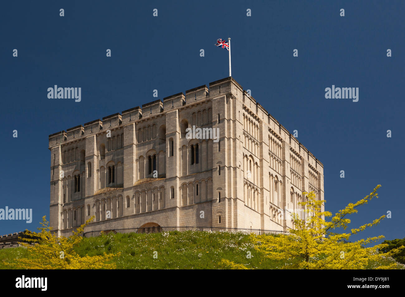 Union Jack flag volare al di sopra di Norwich Castle tenere Foto Stock