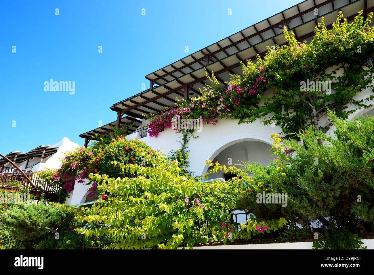 Costruzione dell'hotel di lusso decorate con fiori, bodrum, Turchia Foto Stock