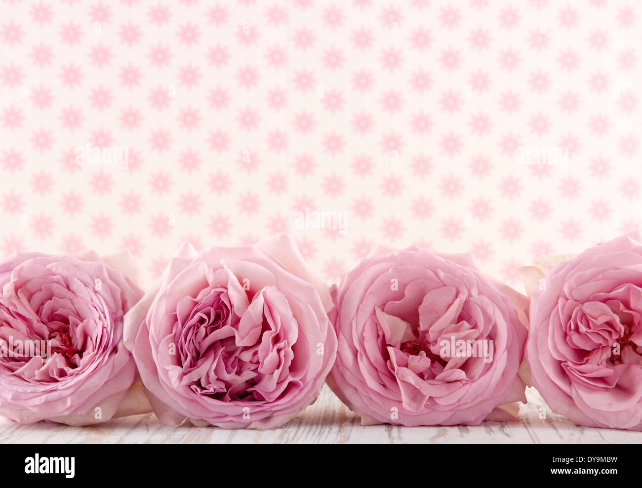 Fila di rose rosa su sfondo in legno di rosa con carta da parati floreale  sfondo per lo spazio di copia Foto stock - Alamy