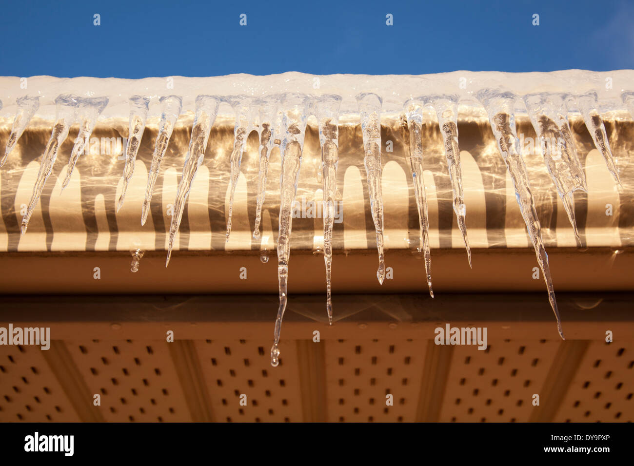 Ghiaccioli hanging off eavestrough sul tetto di casa Foto Stock