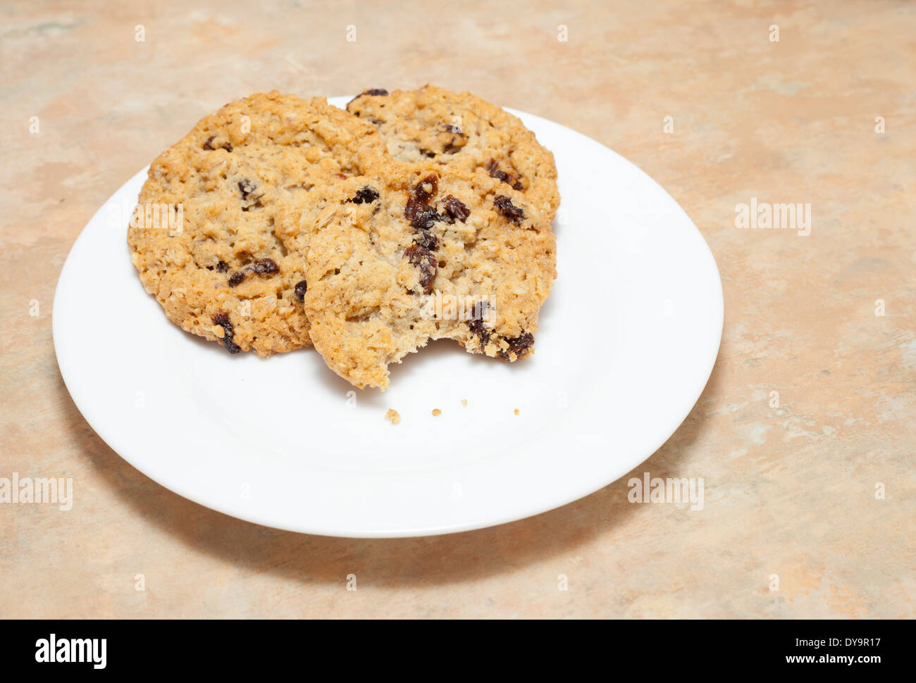 Freschi Fatti in casa chocolate chip raisin cookie su una piastra Foto Stock