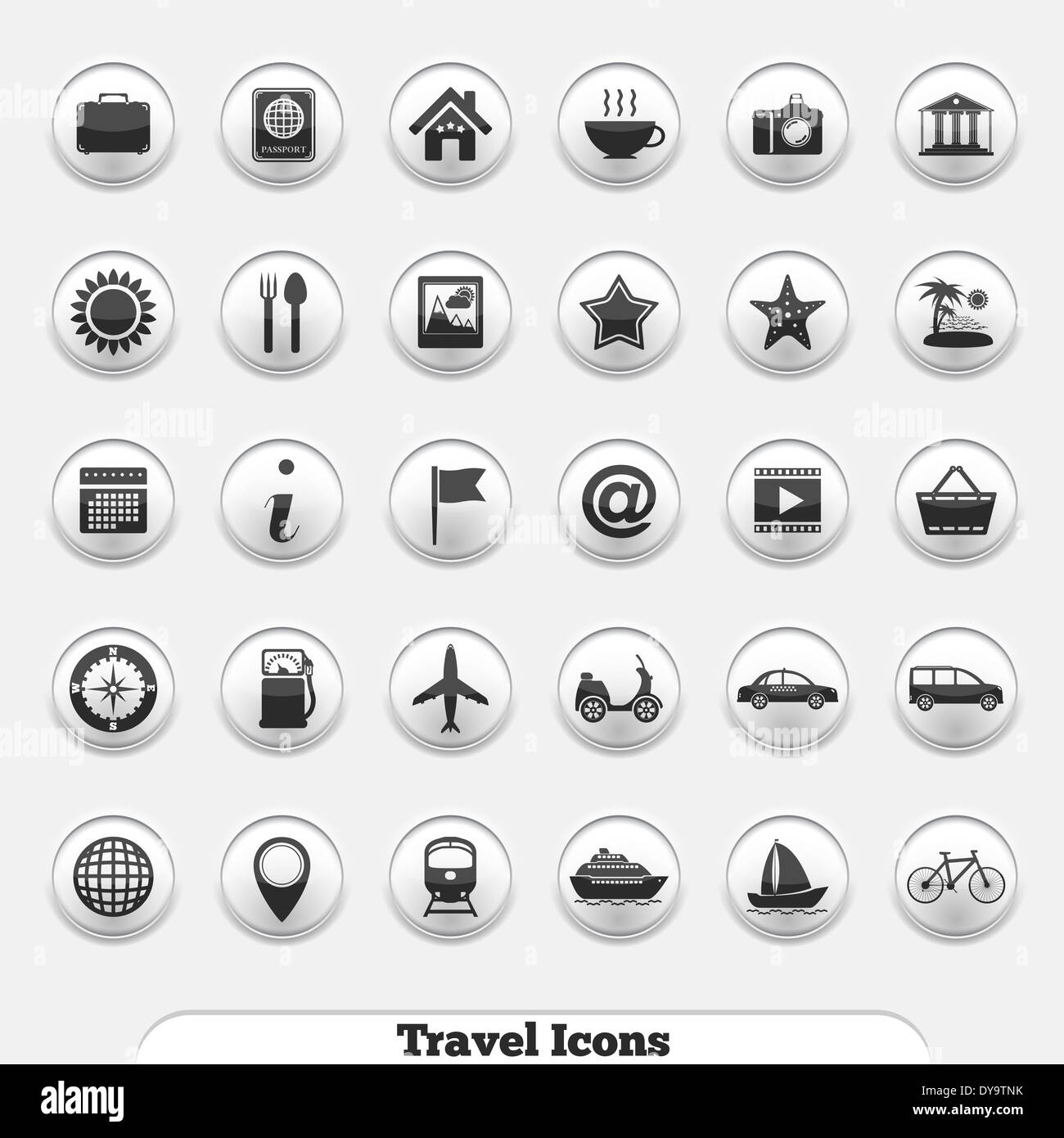 Set di viaggio diverse icone di pulsanti rotondi Foto Stock