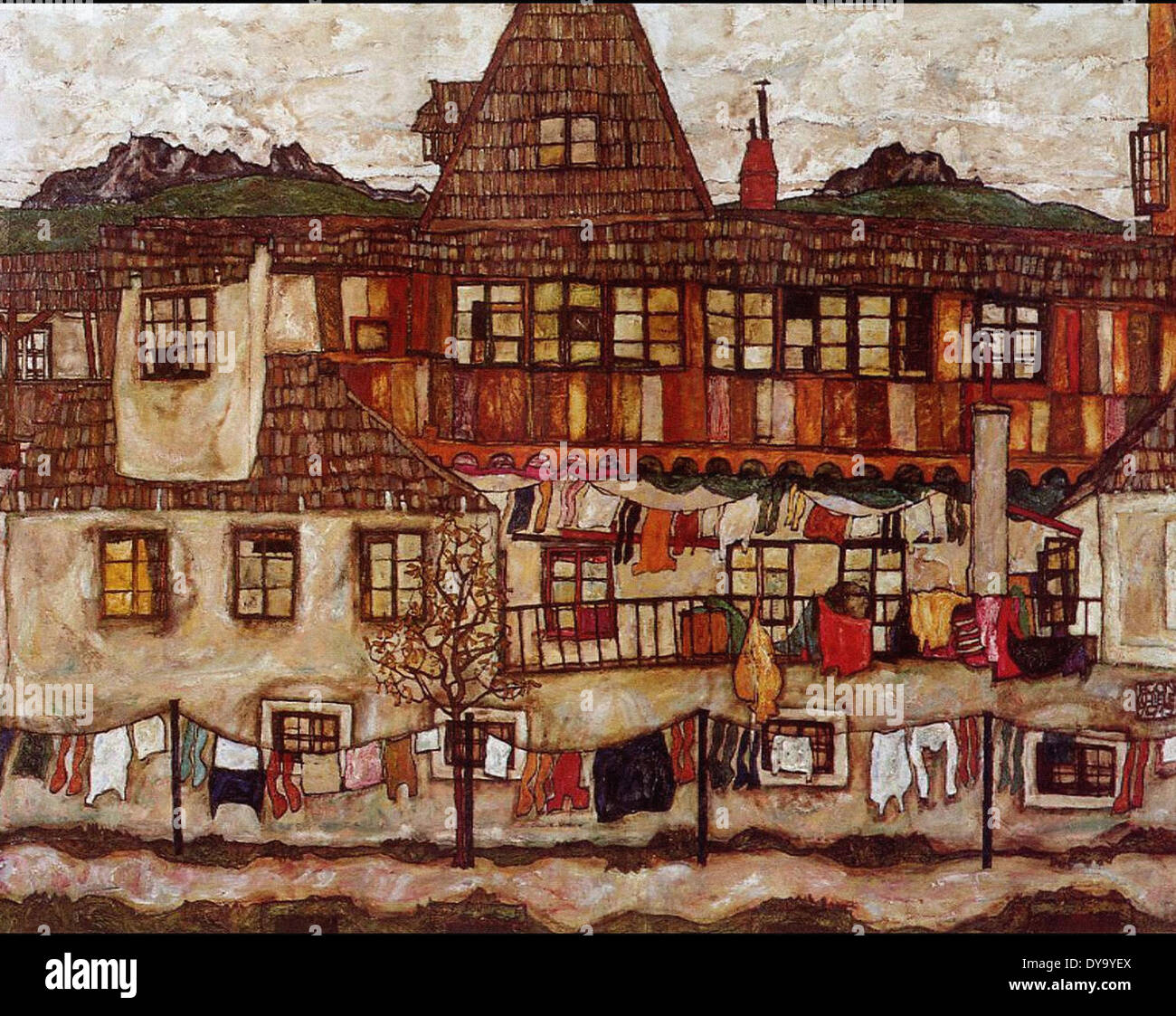 Egon Schiele Casa con biancheria in asciugatura Foto Stock