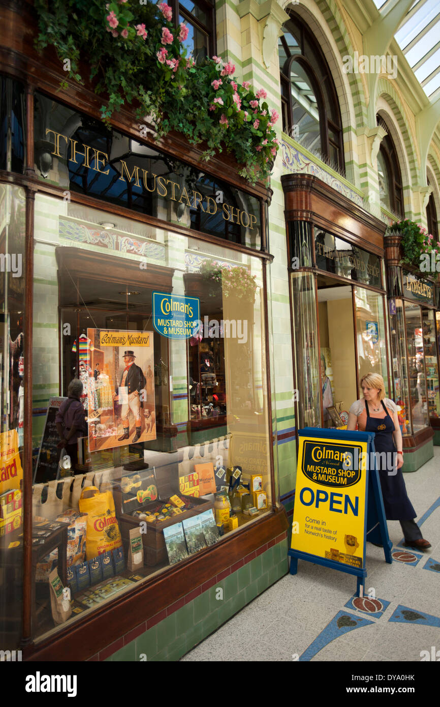 Regno Unito, Inghilterra, Norfolk, Norwich, Royal Arcade, Colman del negozio di senape e museo Foto Stock