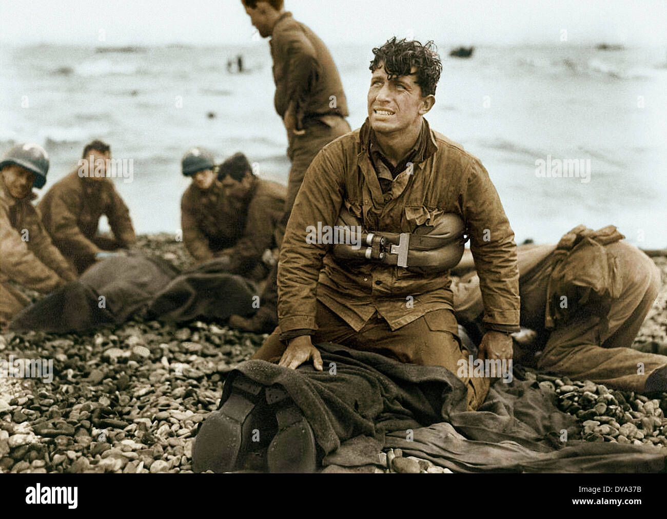 WW II guerra storica Guerra mondiale seconda guerra mondiale Operation Overlord Overlord invasione noi soldati Americani militari di Omaha Beach Foto Stock