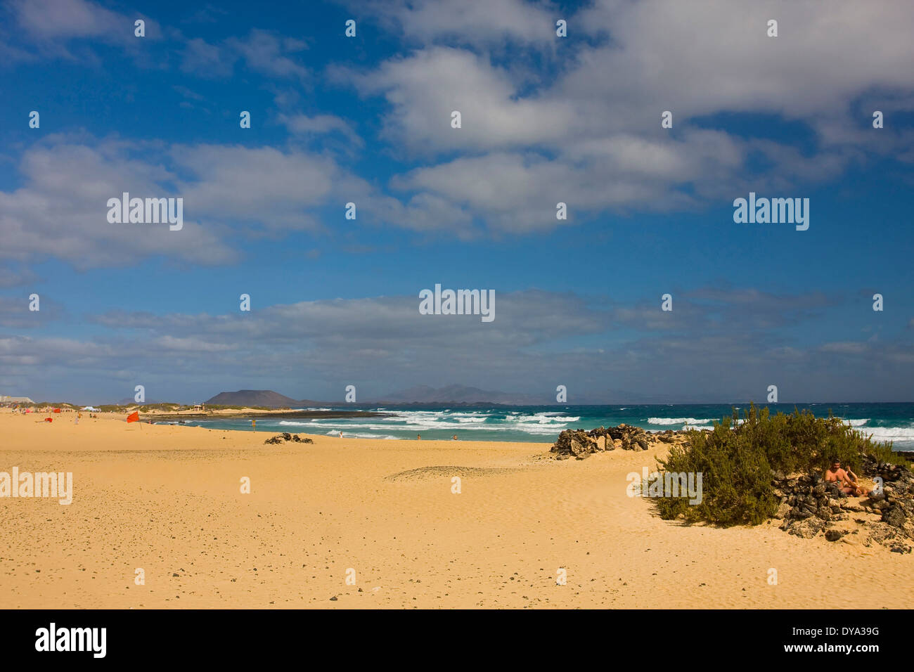 Spiaggia, mare, El Jable, Corralejo, Fuerteventura, Spagna, Europa, dune, sabbia, canarini Foto Stock