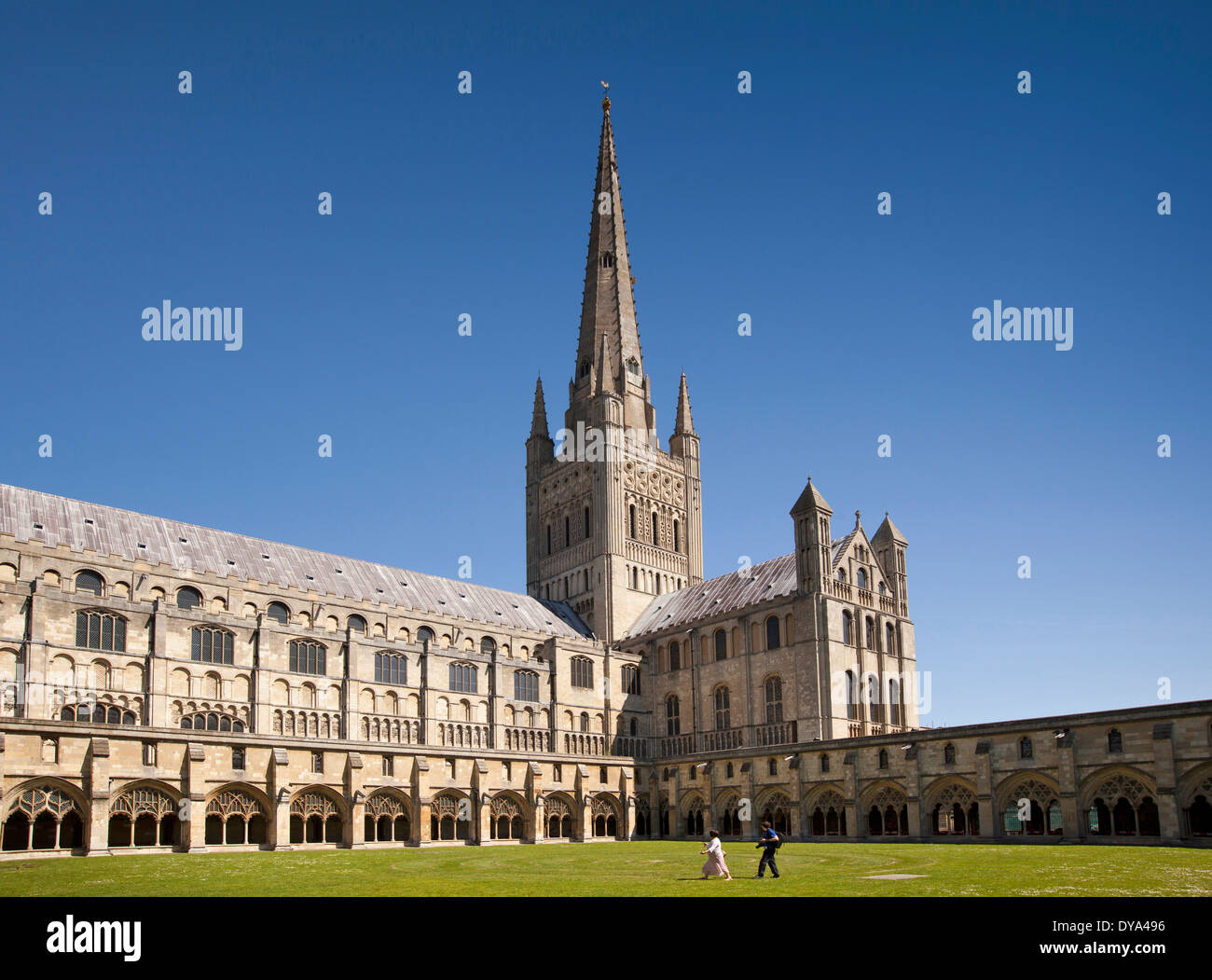 Regno Unito, Inghilterra, Norfolk, Norwich, Cattedrale guglia e i chiostri Foto Stock