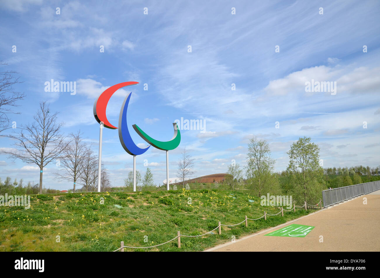 Il simbolo Paralimpici presso la Queen Elizabeth Olympic Park, Stratford, Londra Foto Stock