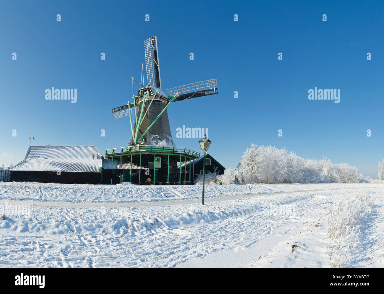 Paesi Bassi, Olanda, Europa, Zaandam, North Holland, mulino a vento, l'inverno, la neve, il ghiaccio e la brina, il mulino a vento, sul fiume Zaan Foto Stock