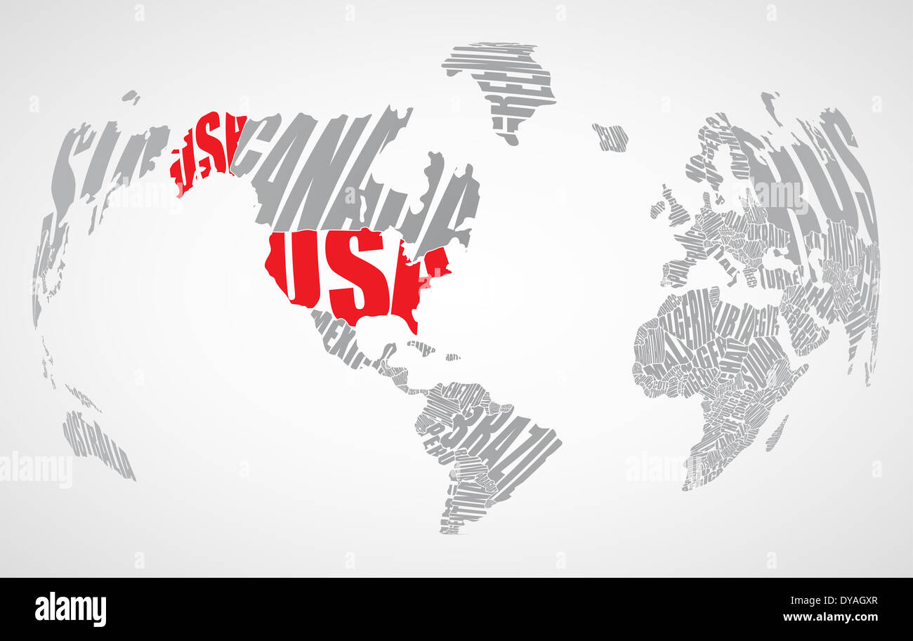 Mappa del mondo testo Foto Stock