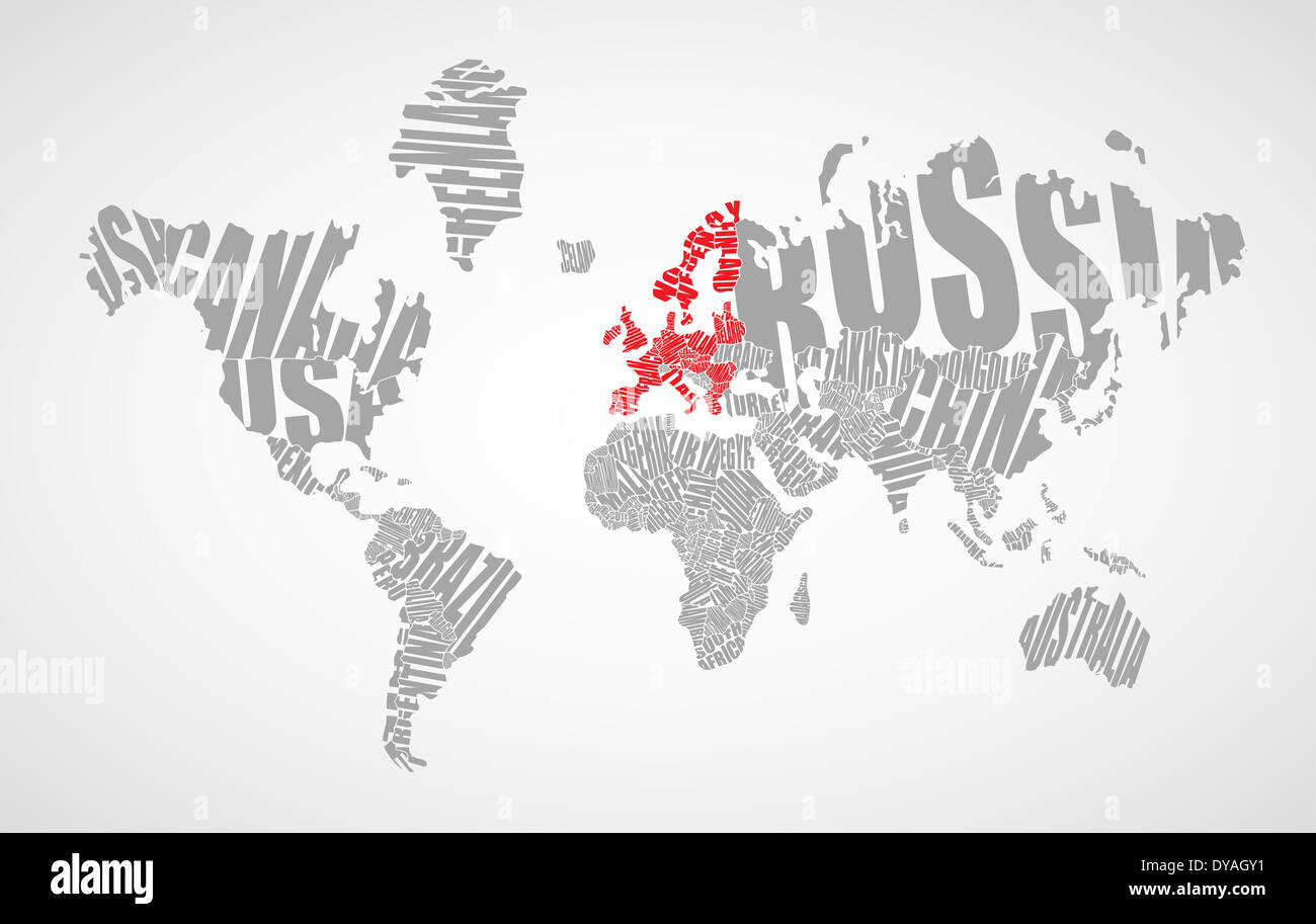 Mappa del mondo testo Foto Stock