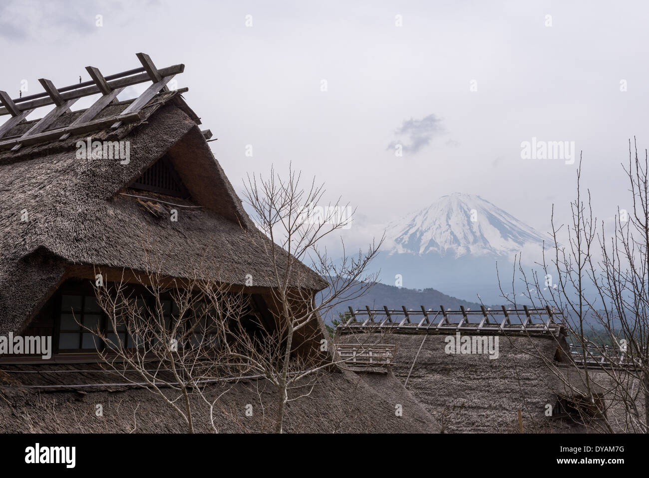 Casa tradizionale giapponese in Giappone rurale con il Monte Fuji in background Foto Stock