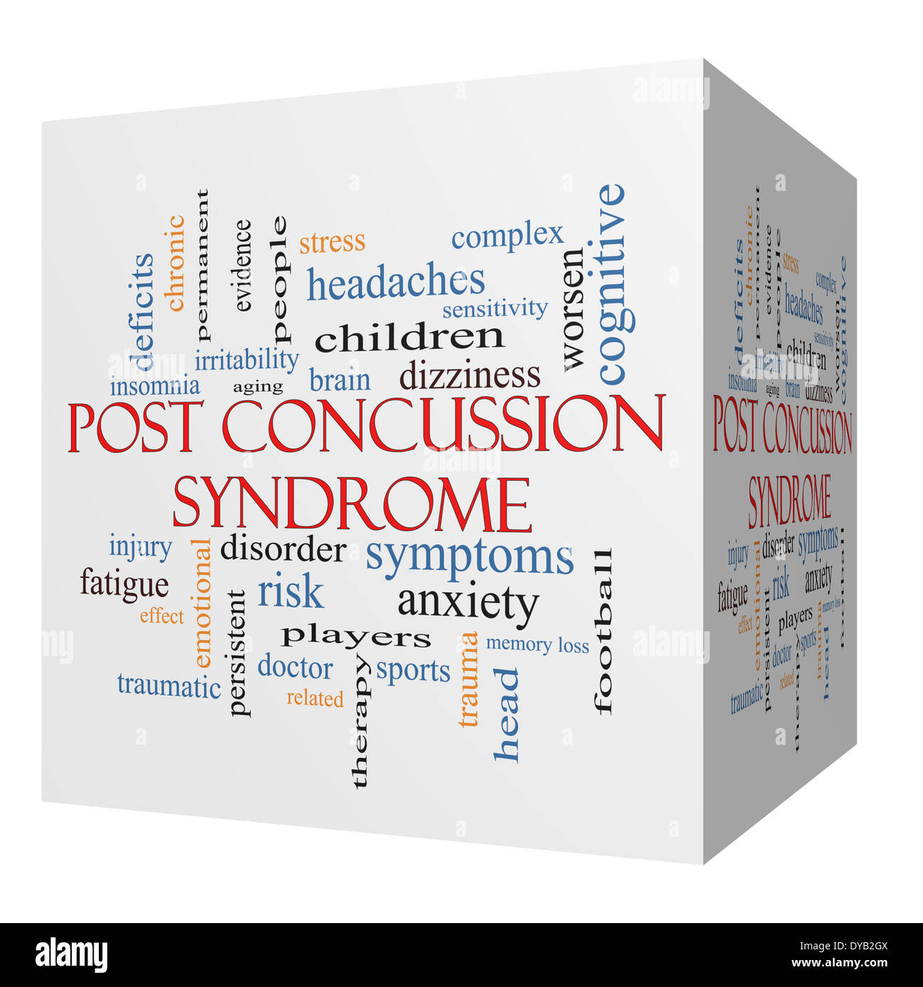 Post Sindrome di commozione cubo 3D parola concetto Cloud con grande termini quali il cervello, il pregiudizio, il trauma e più. Foto Stock
