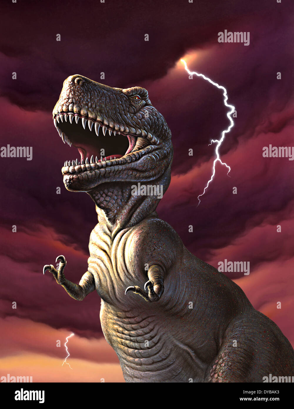 Un Tirannosauro Rex con un rosso cielo tempestoso e lampi dietro di esso. Foto Stock