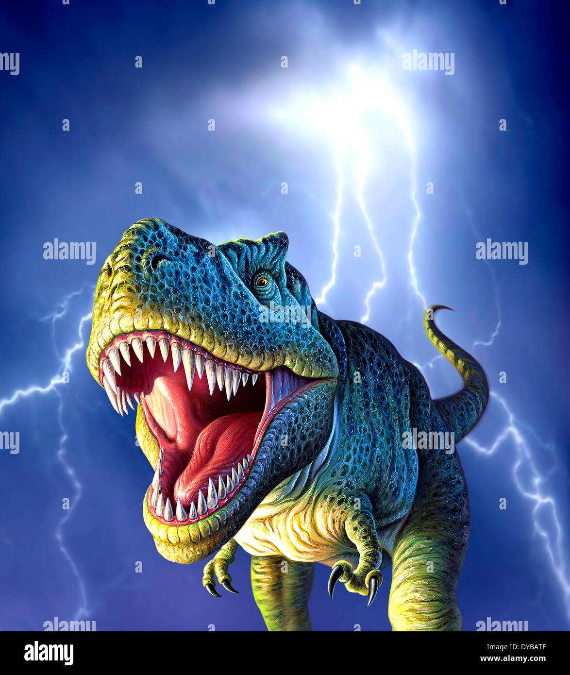Un Tirannosauro Rex con un blu cielo tempestoso e lampi dietro di esso. Foto Stock